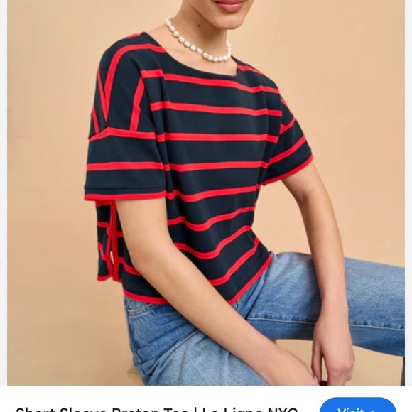 La Ligne Short Sleeve red blue stripe Breton Tee - Picture 4 of 8